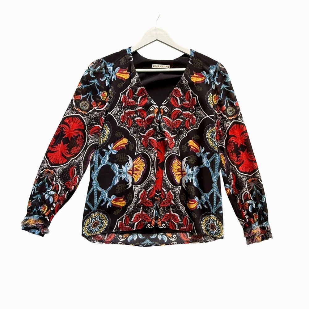 Alice + Olivia Black Boho Floral Kaleidoscopic‎ V-Neck Blouse Size XS Maximalist